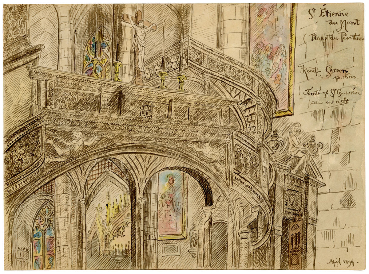 W. Pendavis, Saint-Etienne du Mont Rood Screen, Paris –1894 watercolour painting