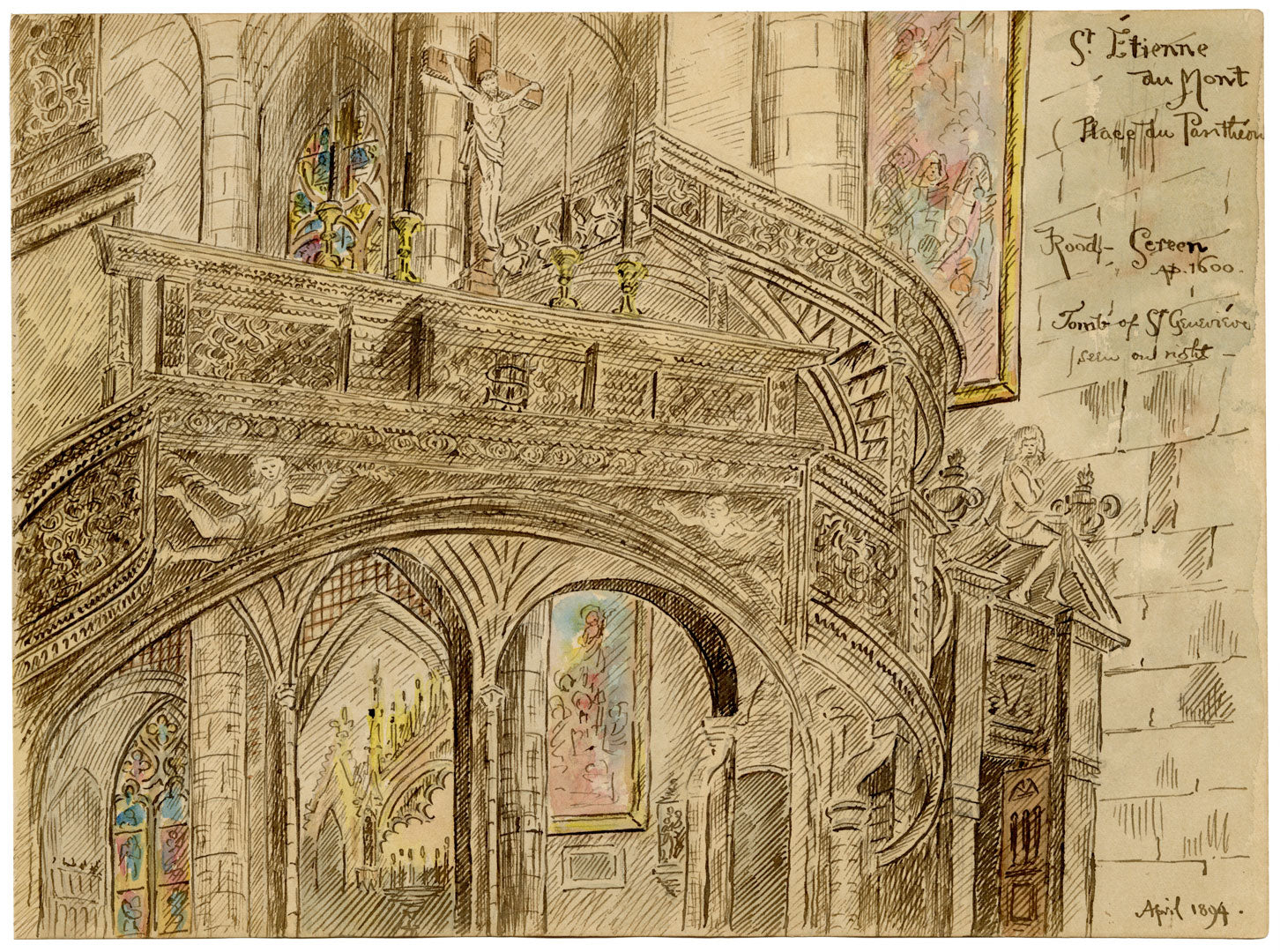 W. Pendavis, Saint-Etienne du Mont Rood Screen, Paris –1894 watercolour painting