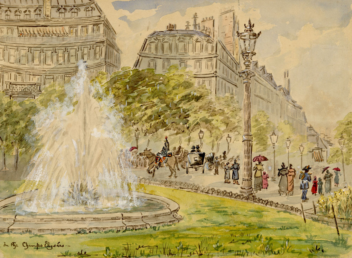 W. Pendavis, Fountain on the Champs-Elysées, Paris – 1894 watercolour painting