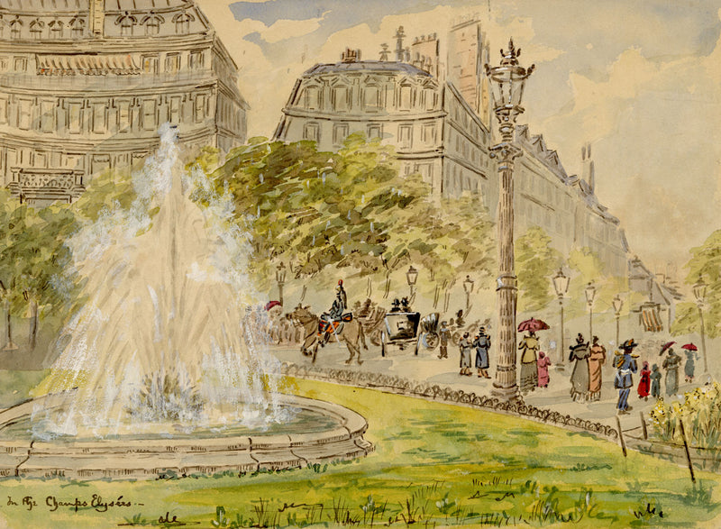 W. Pendavis, Fountain on the Champs-Elysées, Paris – 1894 watercolour painting