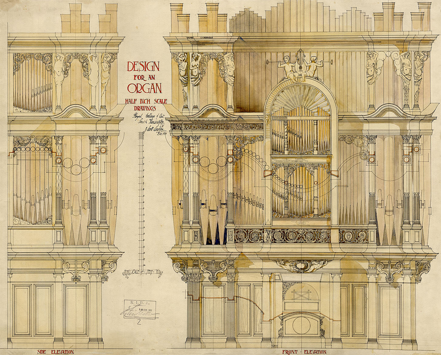 John Scott Lawson, Architectural Elevation, Design for an Organ – 1914 drawing