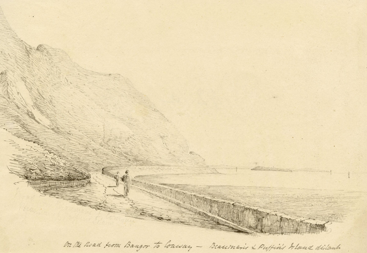 Charlotte Price, On the Road from Bangor to Conwy, Wales – 1840s ink drawing