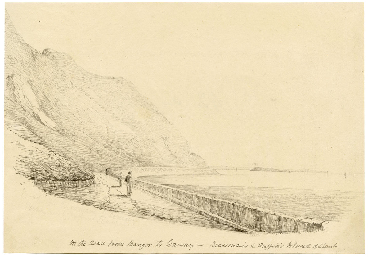 Charlotte Price, Sulla strada da Bangor a Conwy, Galles – disegno a inchiostro del 1840