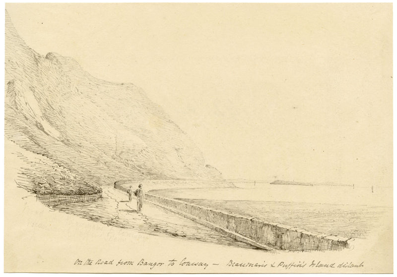 Charlotte Price, On the Road from Bangor to Conwy, Wales – 1840s ink drawing