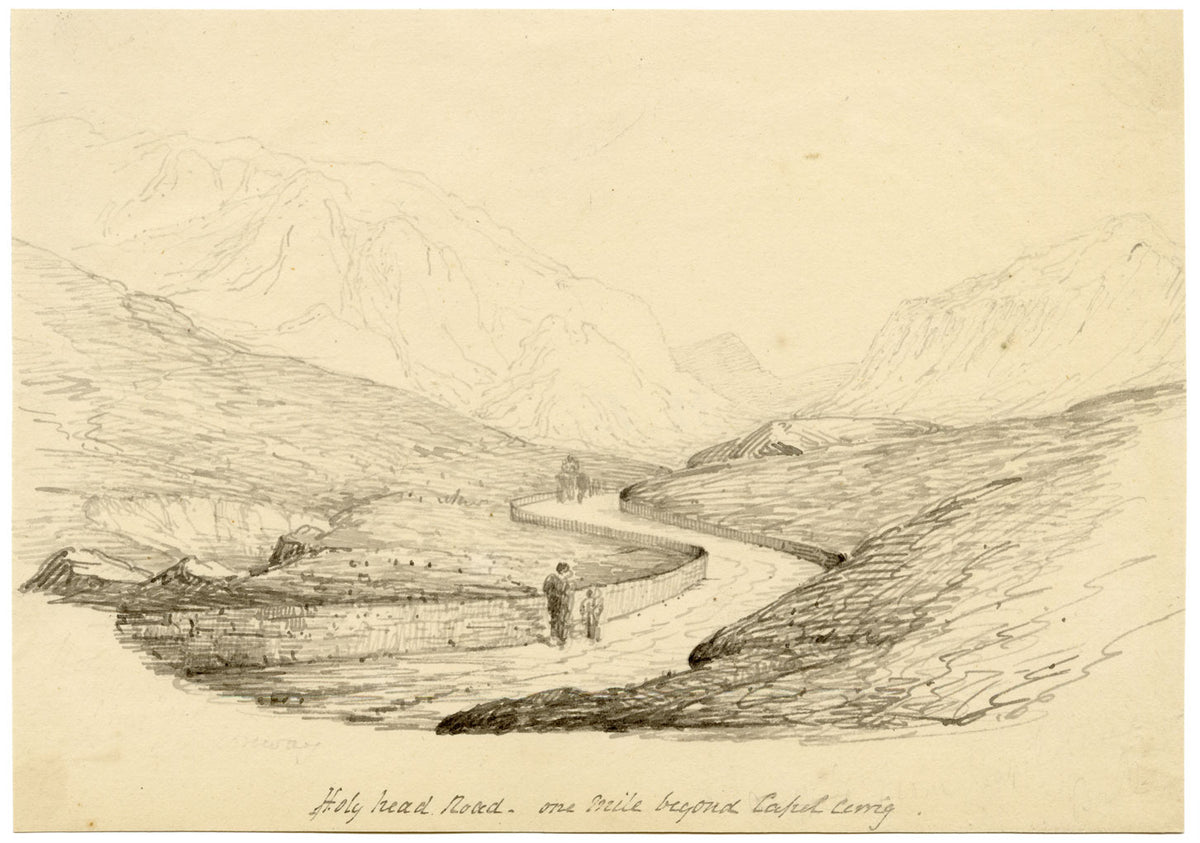 Charlotte Price, Holyhead Road vicino a Capel Curig, Galles – disegno a penna e inchiostro del 1840