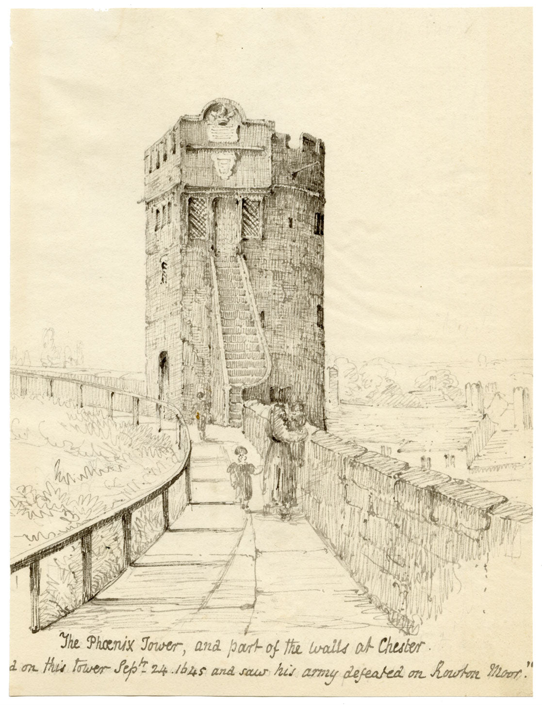 Charlotte Price, Phoenix Tower, Mura della città di Chester – disegno a penna e inchiostro del 1840