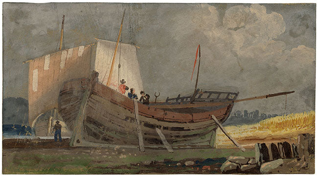 Young, Boat in Estuary Dry Dock – Original early 19th-century gouache painting
