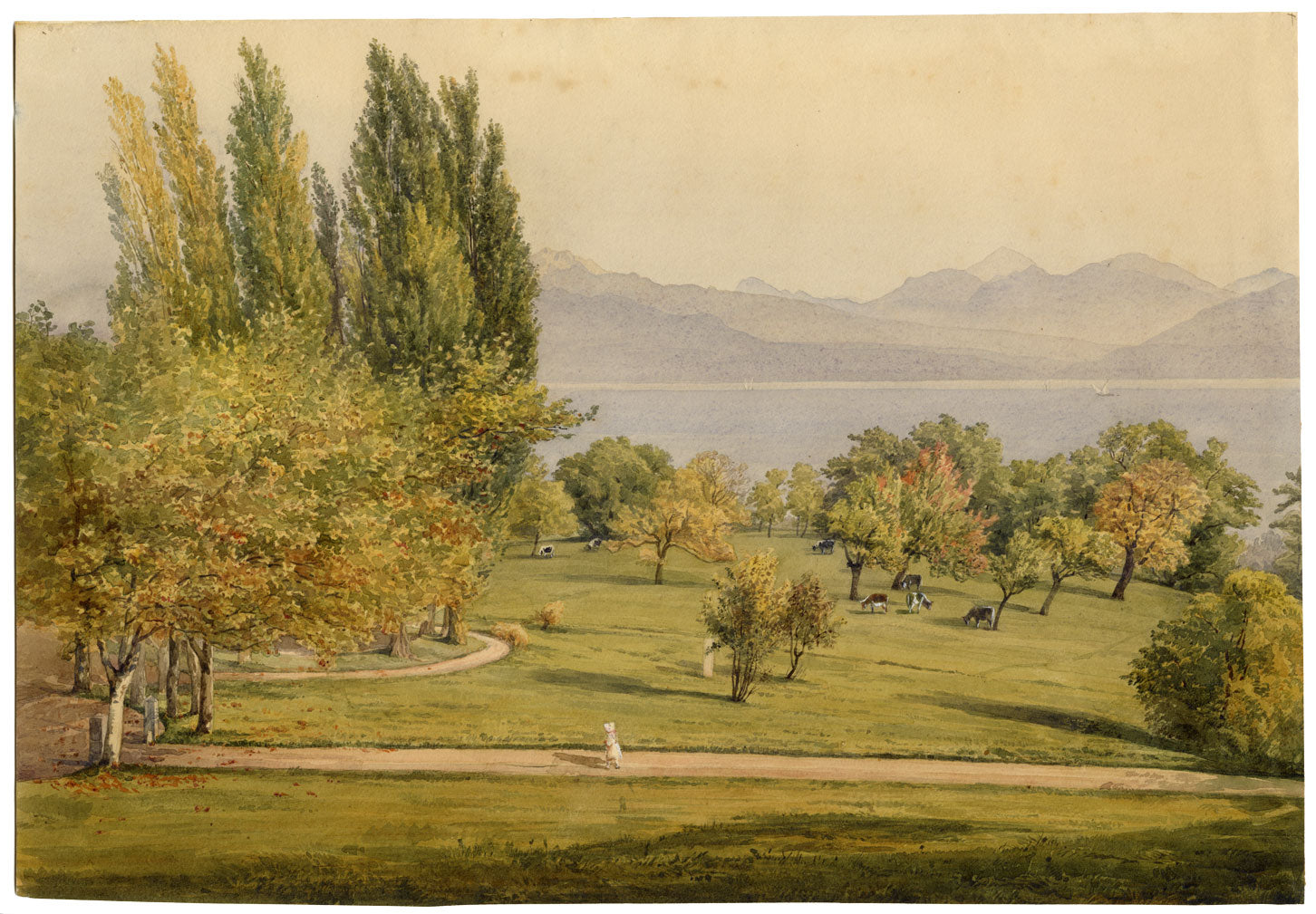 Parco sul lago di Ginevra, Svizzera – acquerello della metà del XIX secolo