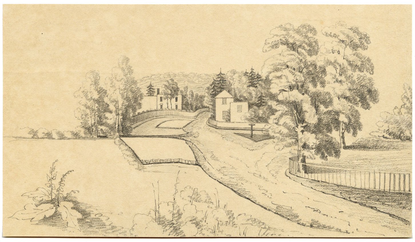 E. Woodville Ricketts, Dalla nostra finestra a Nascot, Watford – disegno a grafite del 1842