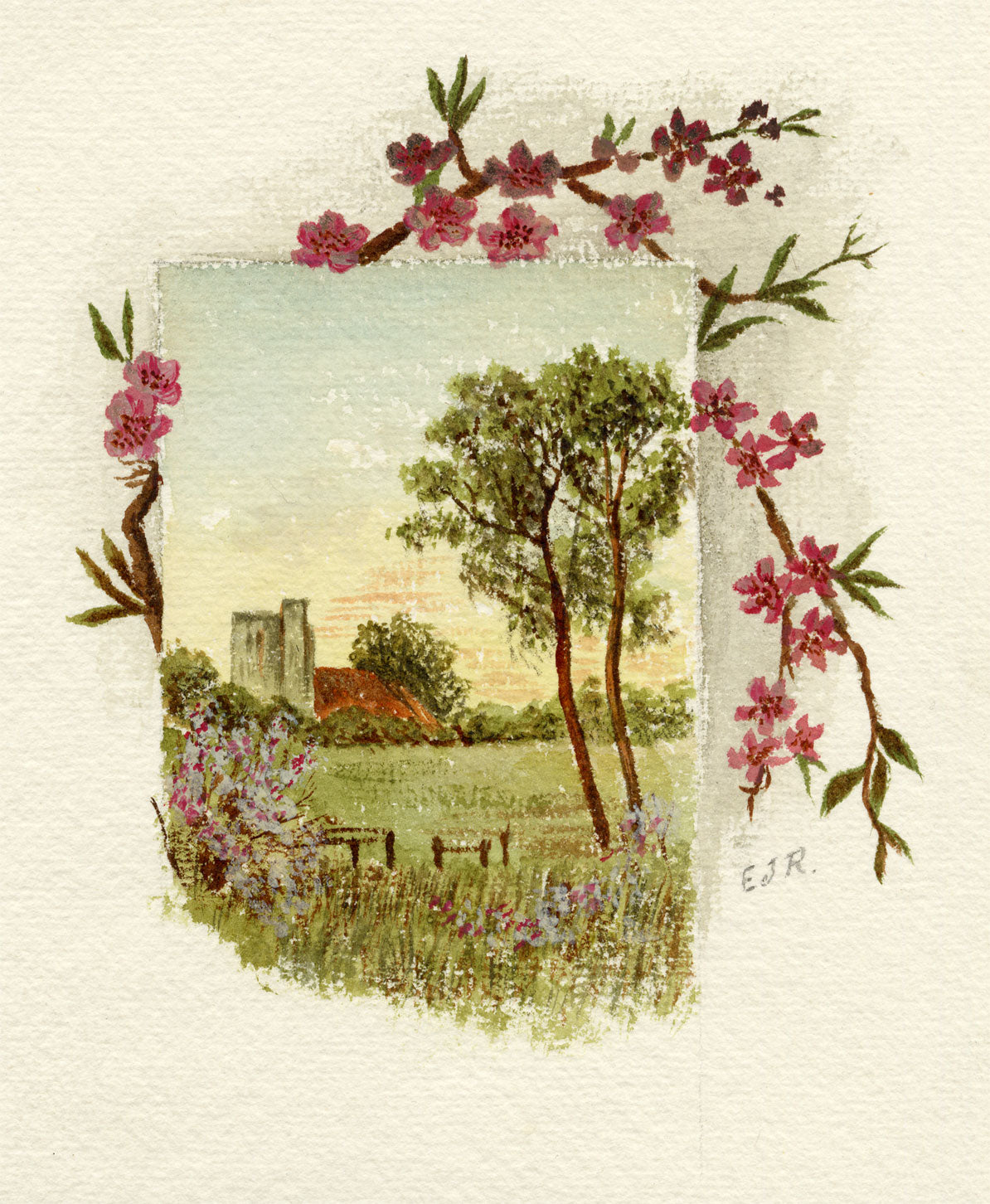 E.J.R., Trompe l'oeil Landscape Painting with Flowers – c.1880s watercolour