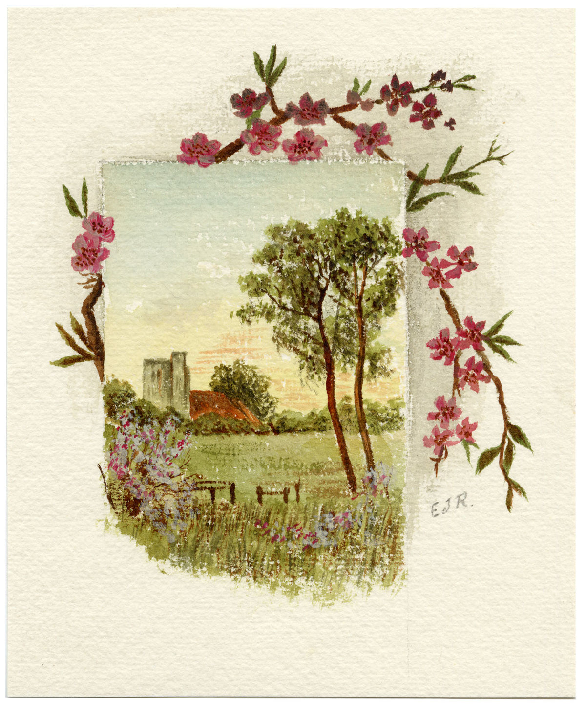 EJR, Trompe l'oeil, Paesaggio con fiori – acquerello del 1880 circa