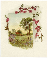 E.J.R., Trompe l'oeil Landscape Painting with Flowers – c.1880s watercolour