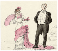 Pareja de la alta sociedad en traje de gala – Pintura original en acuarela de la década de 1880