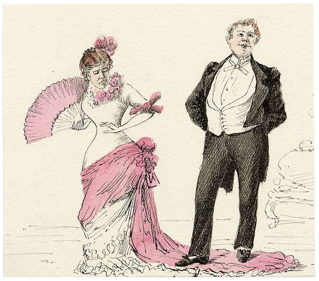 Pareja de la alta sociedad en traje de gala – Pintura original en acuarela de la década de 1880