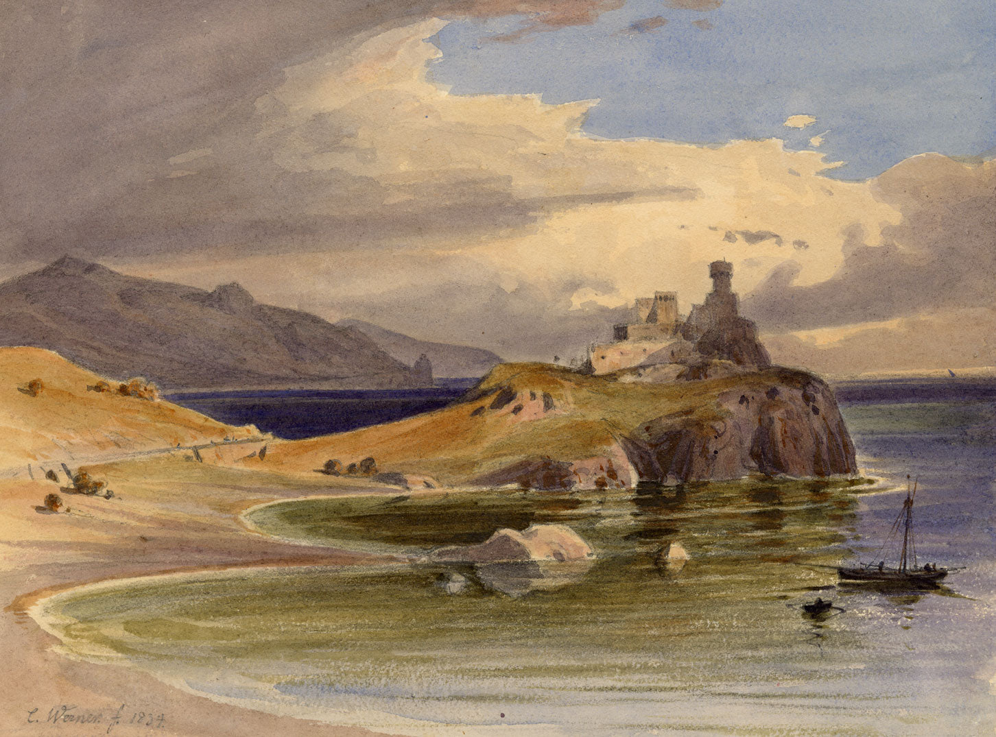 Carl Friedrich Werner, Ruffo Castle, La Scaletta, Sicily – 1834 watercolour