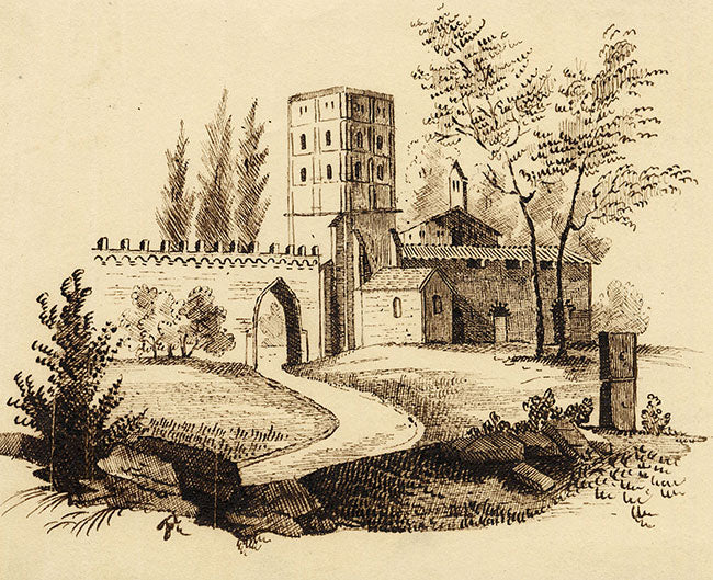 Walled Abbey Tower in Miniature – Original early 19th-century pen & ink drawing