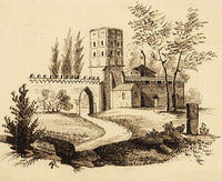 Walled Abbey Tower in Miniature – Original early 19th-century pen & ink drawing