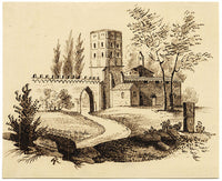 Walled Abbey Tower in Miniature – Original early 19th-century pen & ink drawing