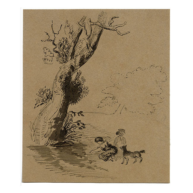 Children Playing with Dog – Original early 19th-century pen & ink drawing