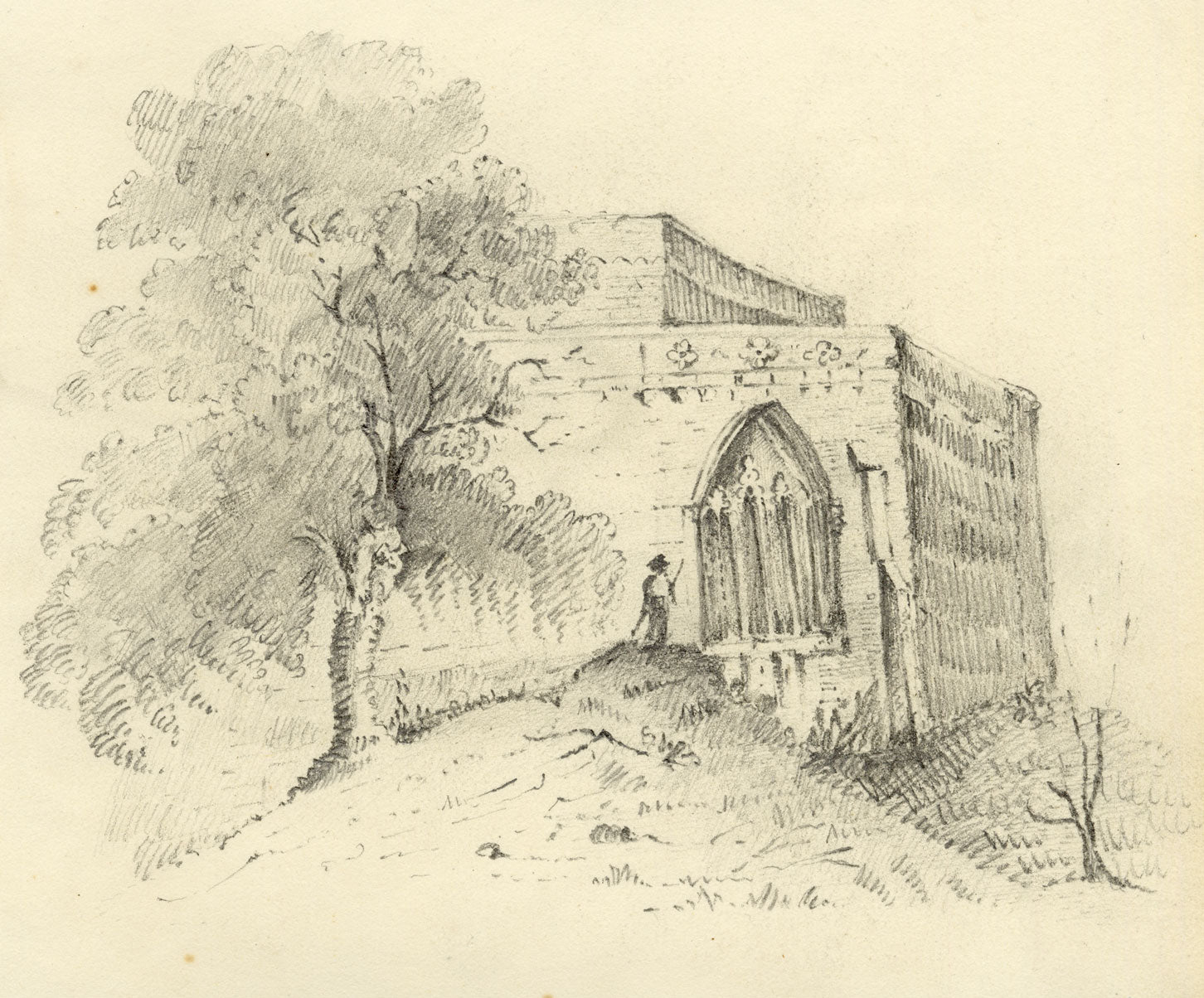 Church Building with Figure – Original early 19th-century graphite drawing