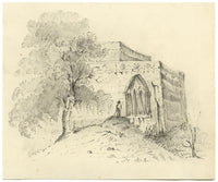 Edificio de iglesia con figura: dibujo original en grafito de principios del siglo XIX