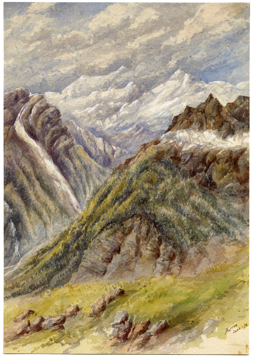 Alp Mountains at Murren, Switzerland – Original 1873 watercolour painting