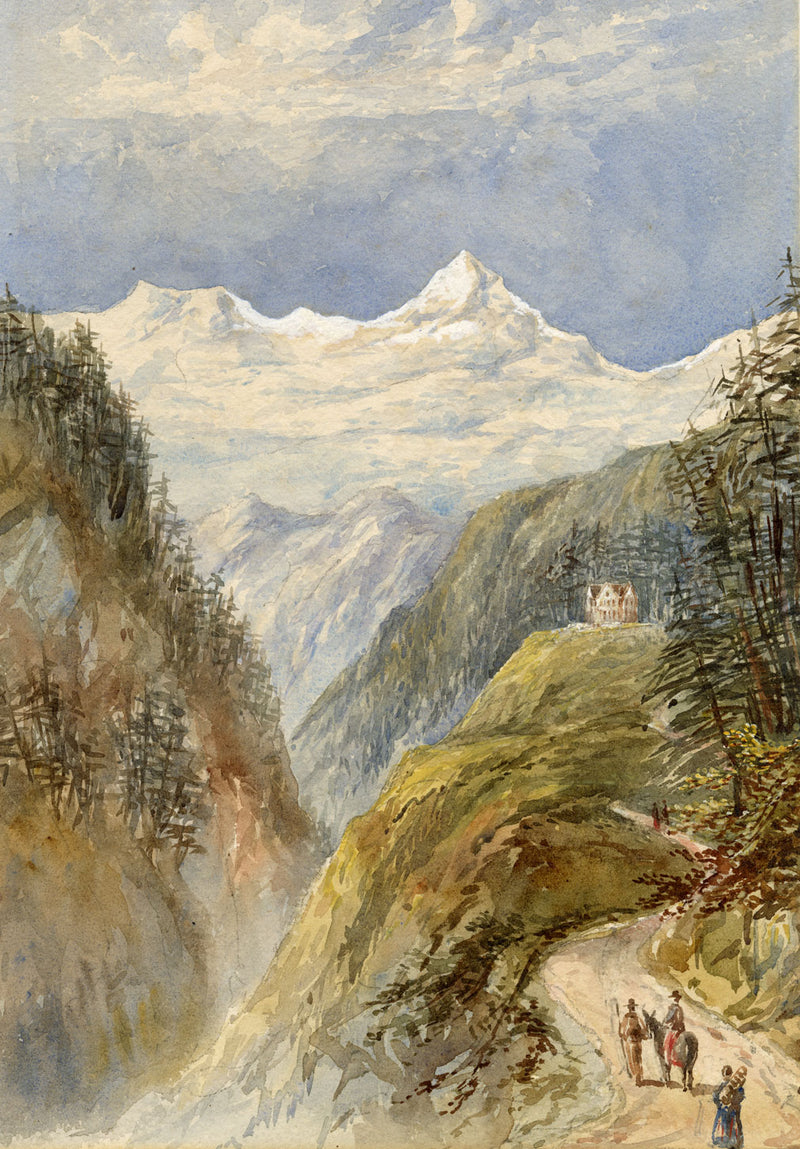 Mountain Pass at Murren, Alpine Switzerland – c.1870s watercolour painting