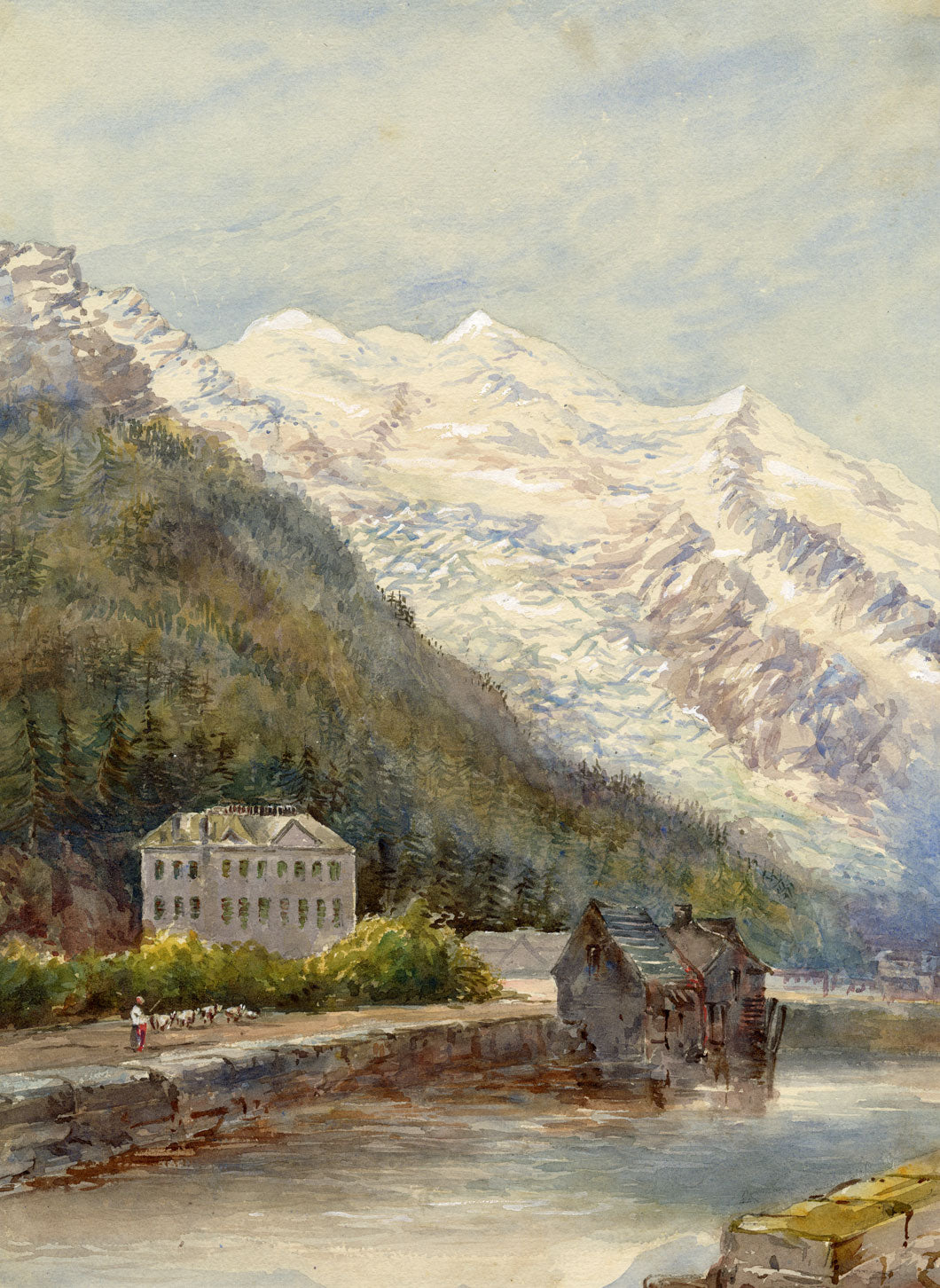 Chamonix at the Foot of Mont Blanc After David Cox –c.1870s watercolour painting