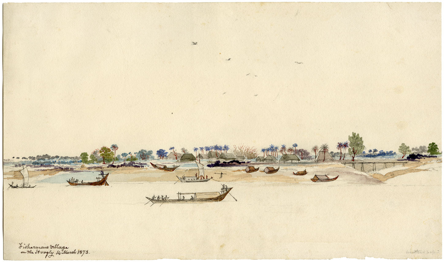 A.H. Walker, Fisherman's Village on the Hooghly India –1873 watercolour painting