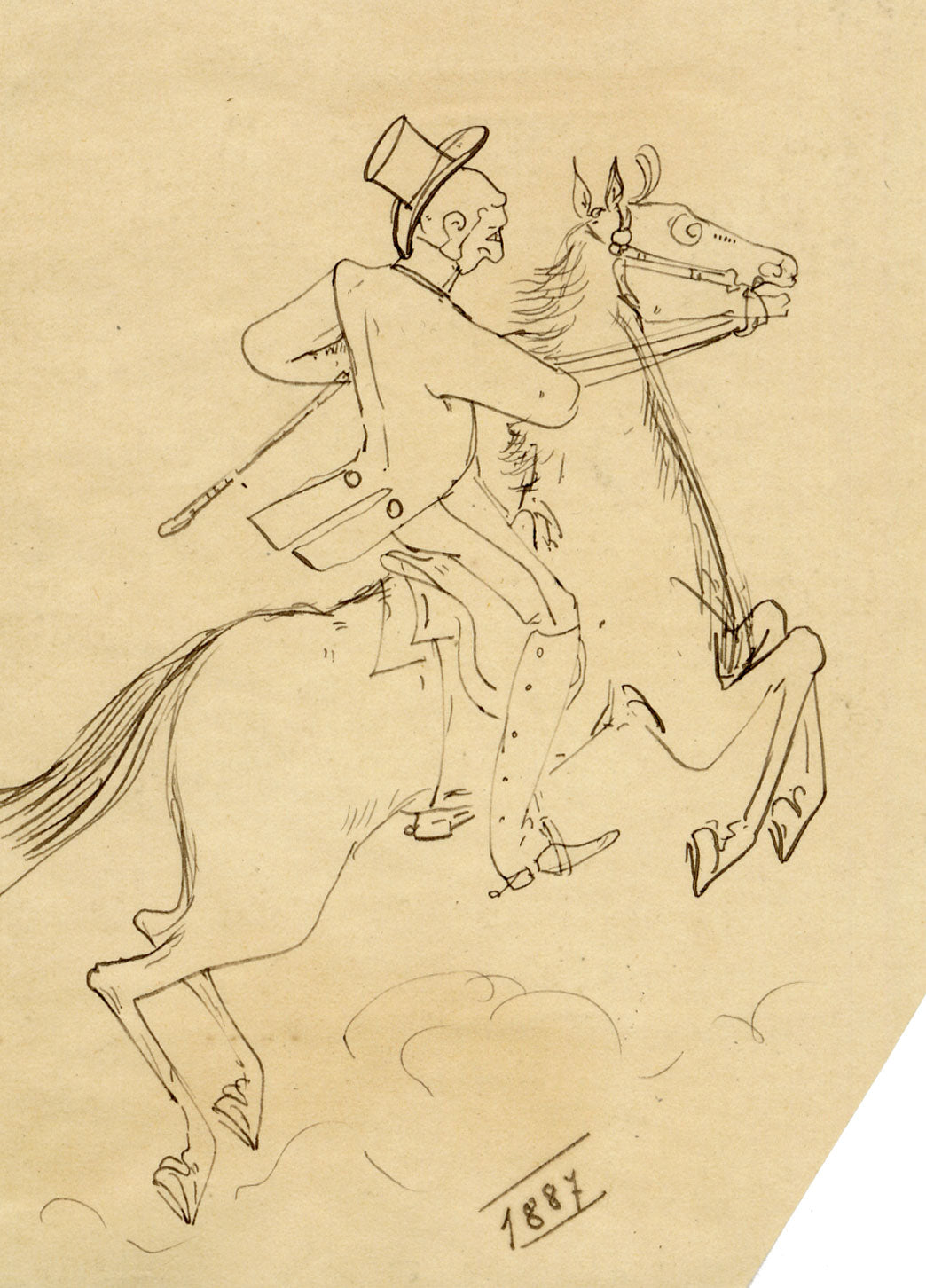 Edouard T. Vieux, Fin-de-siècle Dandy Horse Riding – 1887 pen & ink drawing