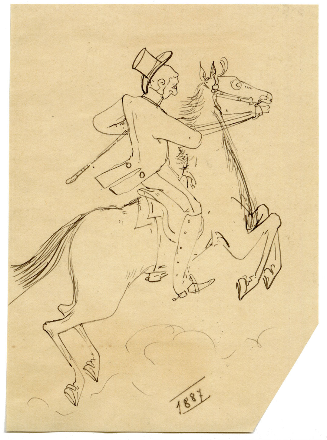 Edouard T. Vieux, Fin-de-siècle Dandy Horse Riding – 1887 disegno a penna e inchiostro