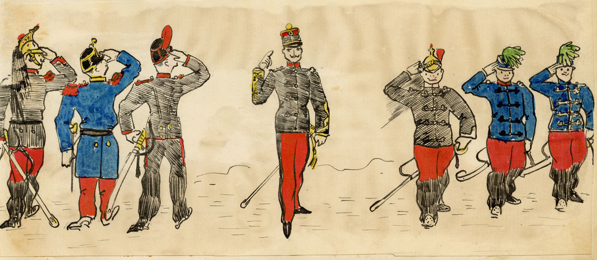 Edouard T. Vieux, French Cavalrymen Standing to Attention – c.1890 ink drawing