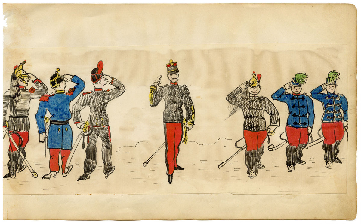 Edouard T. Vieux, Cavalieri francesi sull'attenti – disegno a inchiostro del 1890 circa