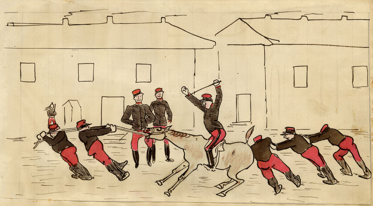 Edouard T. Vieux, French Cavalrymen with Stubborn Horse – c.1890 ink drawing