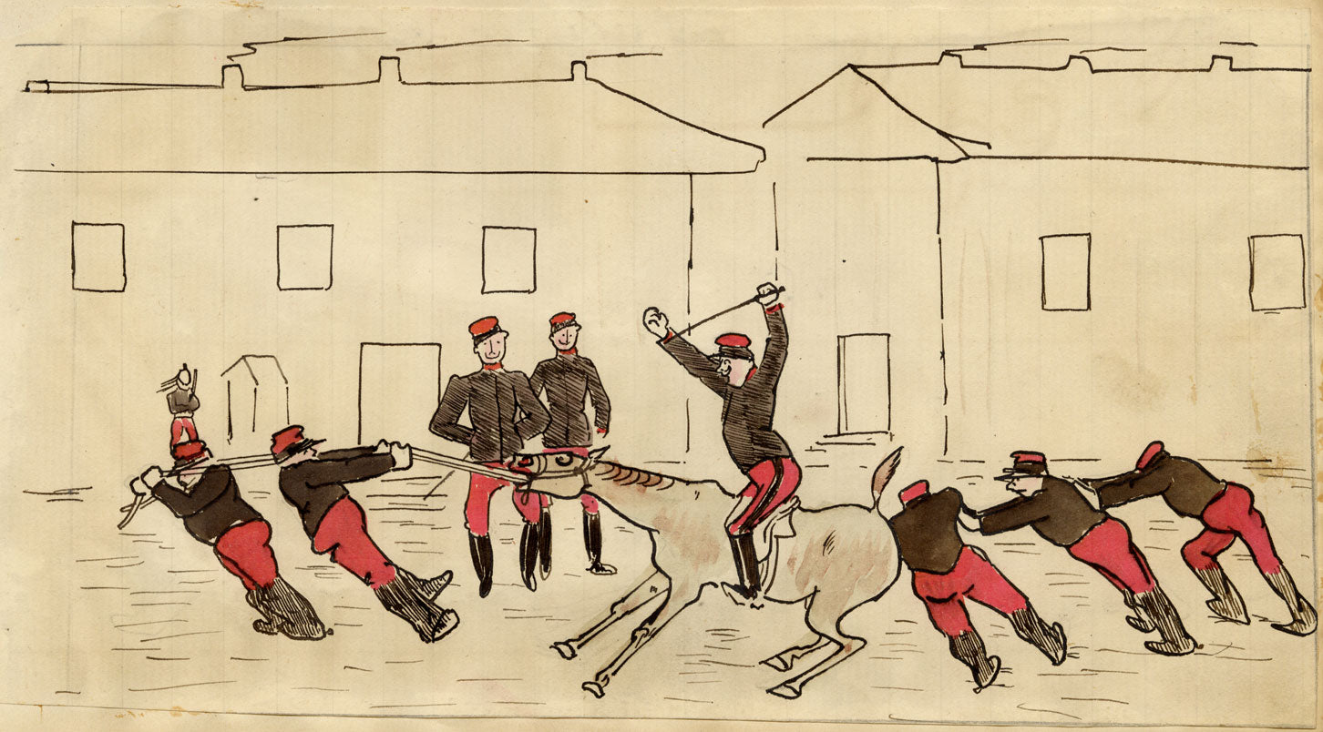 Edouard T. Vieux, French Cavalrymen with Stubborn Horse – c.1890 ink drawing