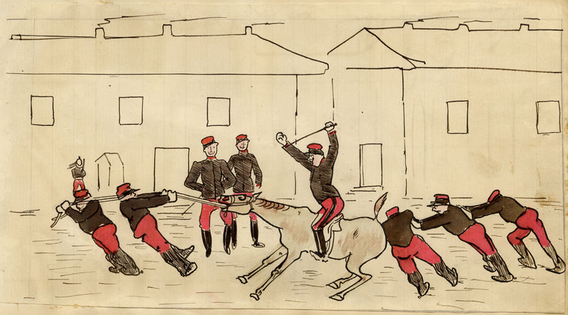 Edouard T. Vieux, French Cavalrymen with Stubborn Horse – c.1890 ink drawing