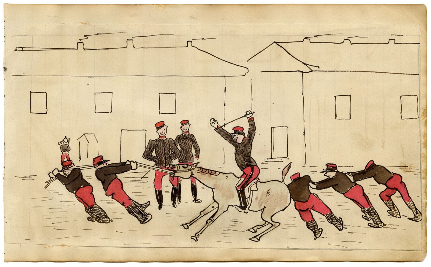 Edouard T. Vieux, Cavalieri francesi con cavallo ostinato – disegno a inchiostro del 1890 circa