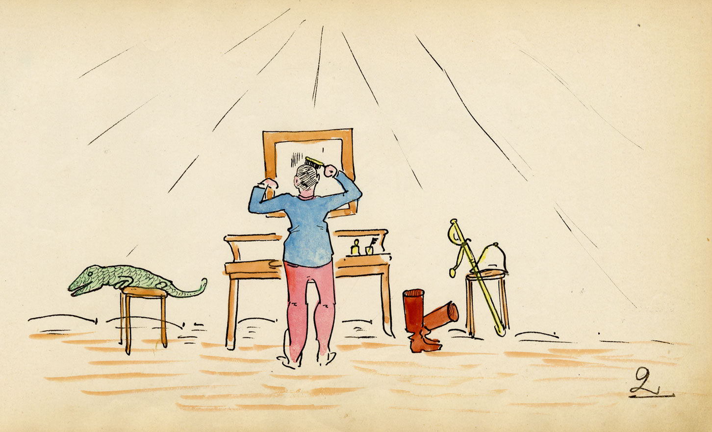 Edouard T. Vieux, French Officer in North Africa with Crocodile – c.1890 drawing