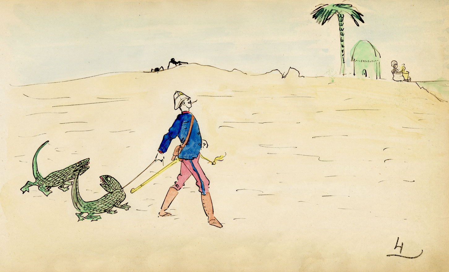 Edouard T. Vieux, French Officer in North Africa with Crocodile – c.1890 drawing