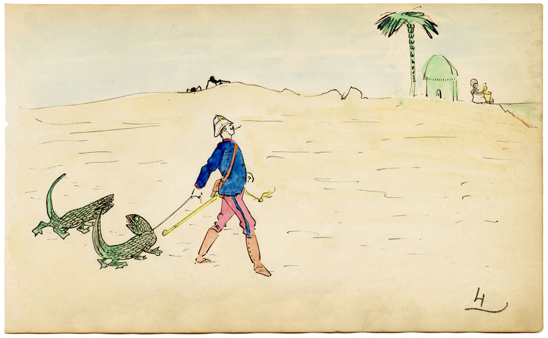 Edouard T. Vieux, Ufficiale francese in Nord Africa con coccodrillo – disegno del 1890 circa