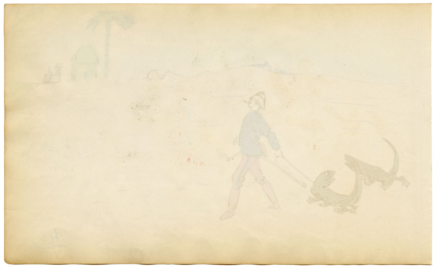 Edouard T. Vieux, Ufficiale francese in Nord Africa con coccodrillo – disegno del 1890 circa