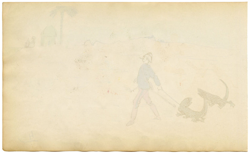 Edouard T. Vieux, Ufficiale francese in Nord Africa con coccodrillo – disegno del 1890 circa