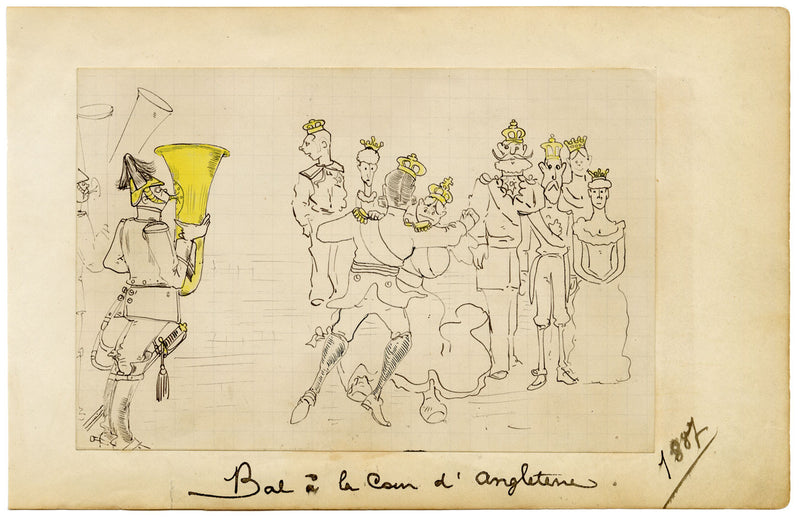 Edouard T. Vieux, La regina Vittoria che balla al ballo inglese, cartone animato – disegno del 1887