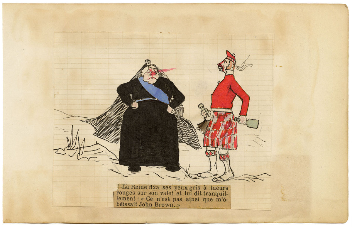 Edouard T. Vieux, Regina Vittoria e servitore, cartone animato – disegno a inchiostro del 1890 circa