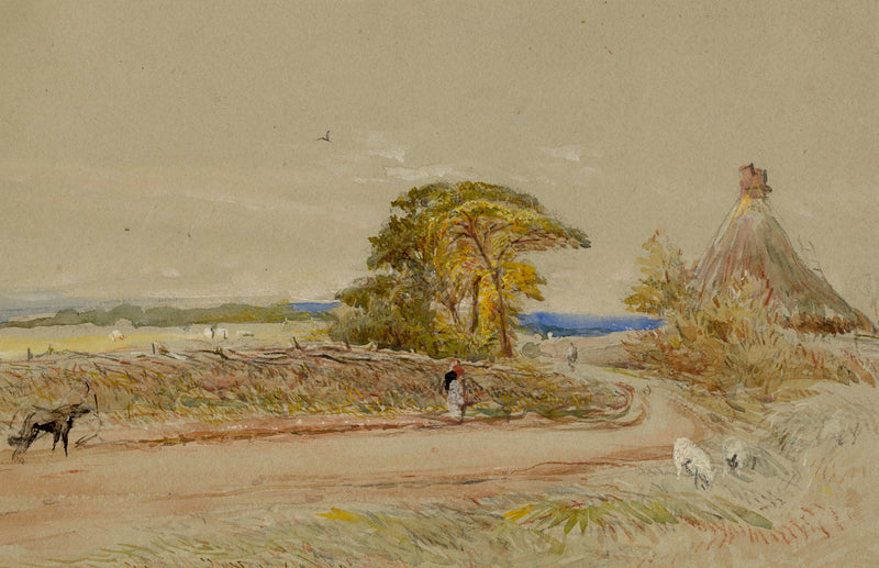 Figure on Coastal Road with Thatched Roundhouse – mid-C19th watercolour painting