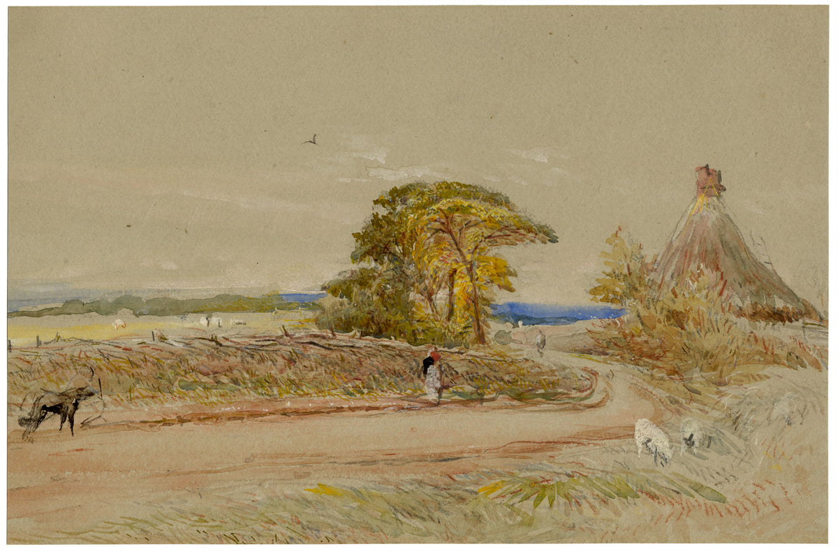 Figura su strada costiera con casa circolare con tetto di paglia – acquerello della metà del XIX secolo