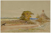 Figure on Coastal Road with Thatched Roundhouse – mid-C19th watercolour painting