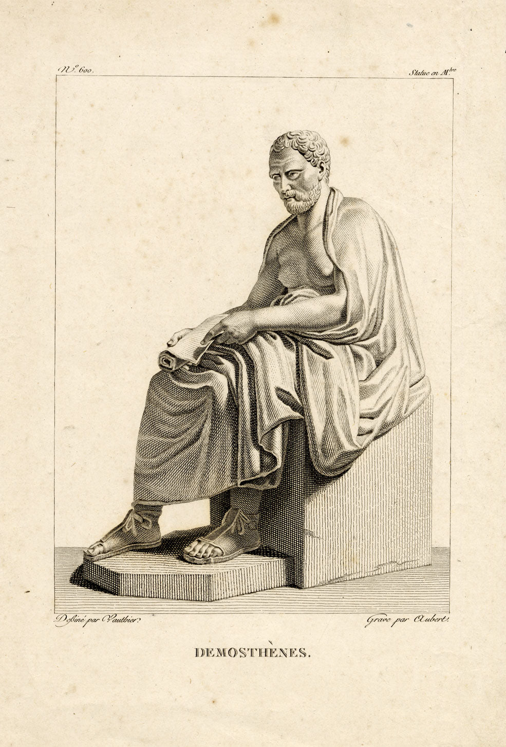 Demosthenes Statue, Greek Statesman & Orator – 18th-century engraving print