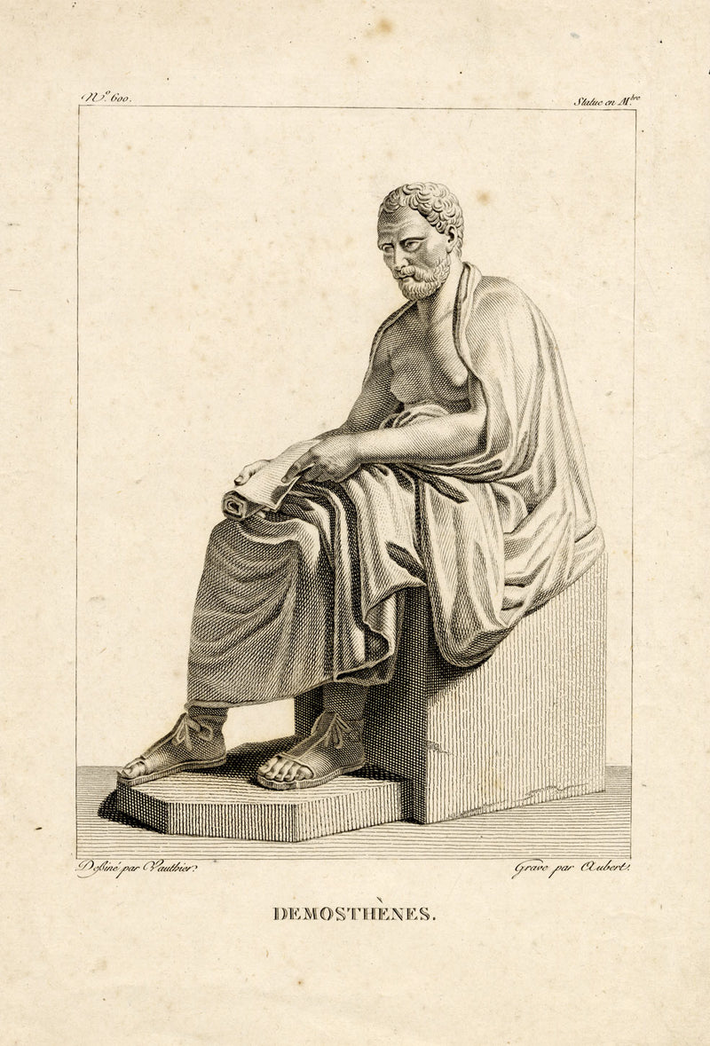 Demosthenes Statue, Greek Statesman & Orator – 18th-century engraving print