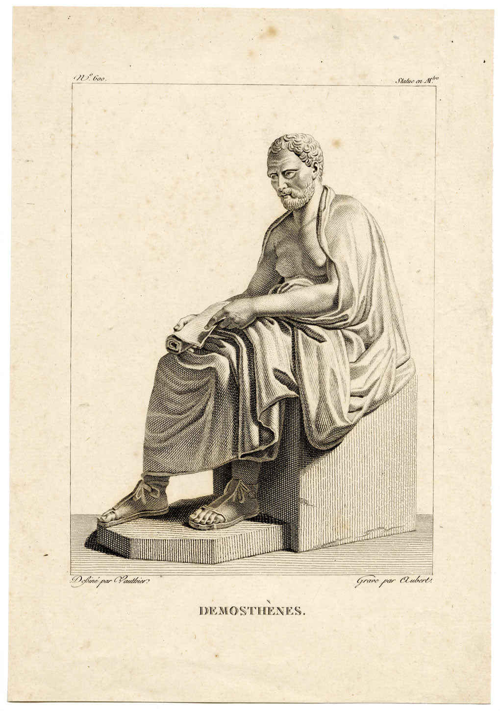 Demosthenes Statue, Greek Statesman & Orator – 18th-century engraving print